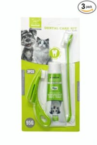 Pet Oral Dental Kit Care for Dogs and Cats 3in1 Finger Brush Long Brush and Mint Tooth Paste and Brush Set 95g (Green)